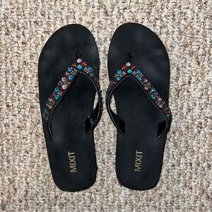 Mixit Multicolored Rhinestone Black Sandals Flop Flops - size 7